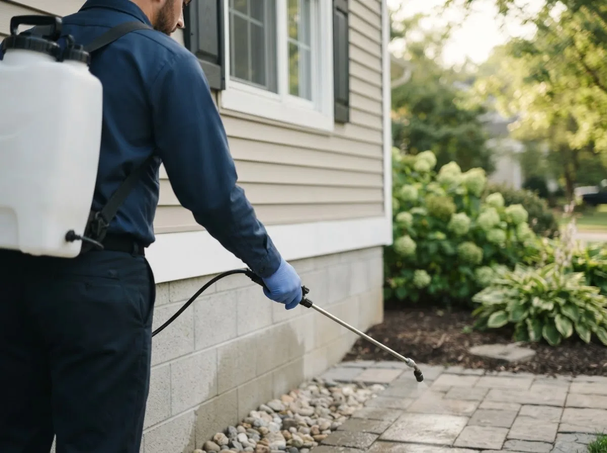 Pest control technician inspecting a home in Groveton, NH